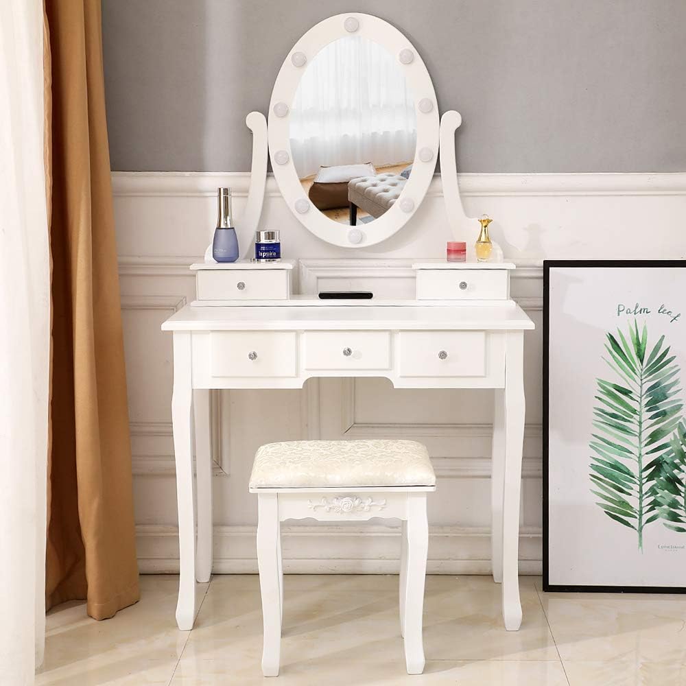 FCH with Light Bulb Single Mirror 5 Drawer Dressing Table White