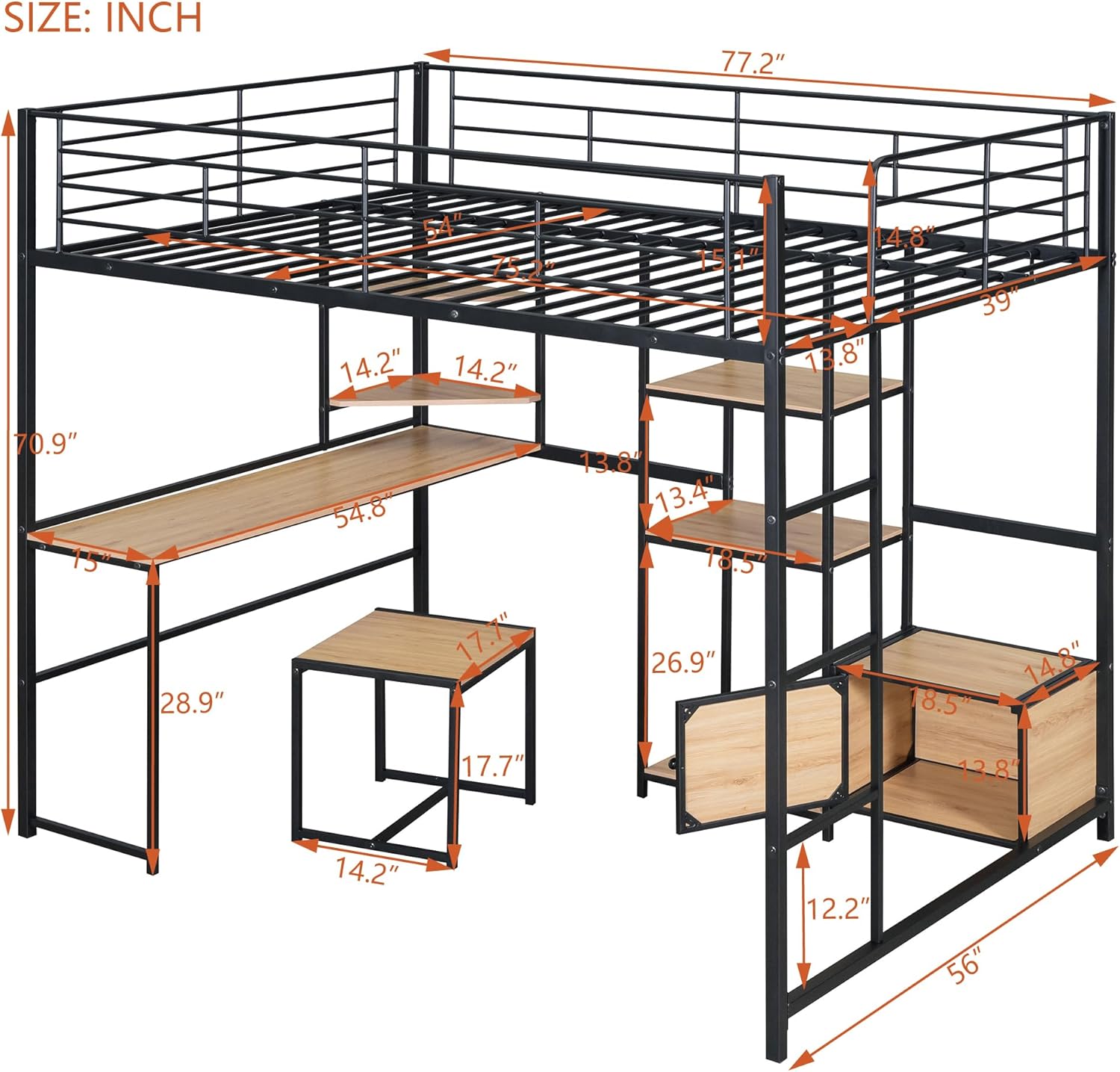 Full Size Metal Desk and Stool, Loft Bed Frame with Open-Style Wardrobe, Shelves and Storage Cabinet, Black