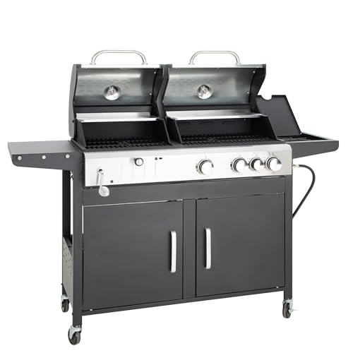 MFSTUDIO 4 Burner Propane Gas BBQ Grill with Side Burner and Porcelain-Enameled Cast Iron Grates, 42,000 BTU Output Stainless Steel Grill for Outdoor Cooking and Backyard Barbecue