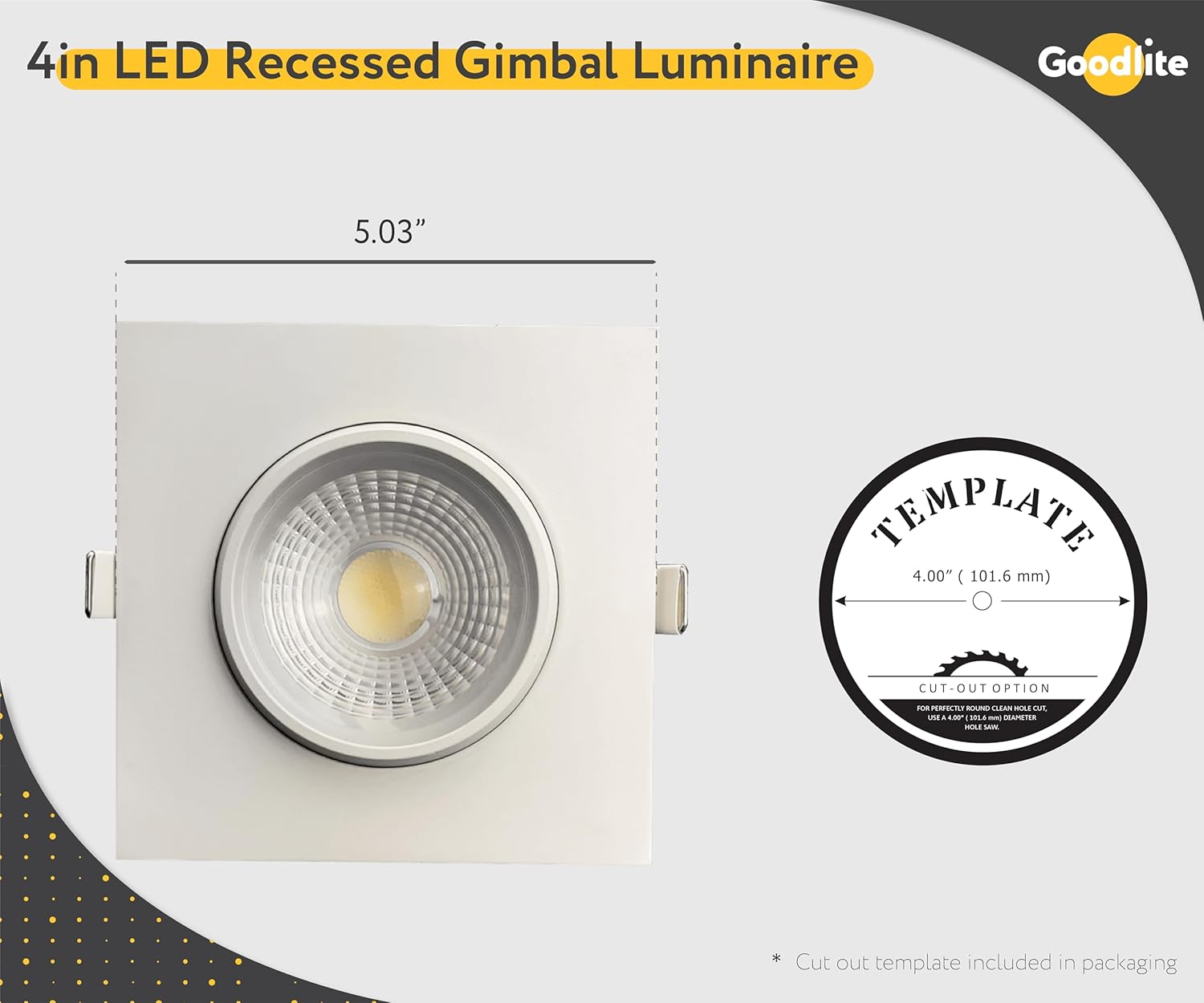 Goodlite 4 Inch LED Square Gimbal Recessed Luminaire 14w 1100 Lumens (120W Eqv) with Junction Box for New Or Old Construction IC-Rated, Dimmable, Selectable Color Temperature 3000K, 4100K, 5000K,