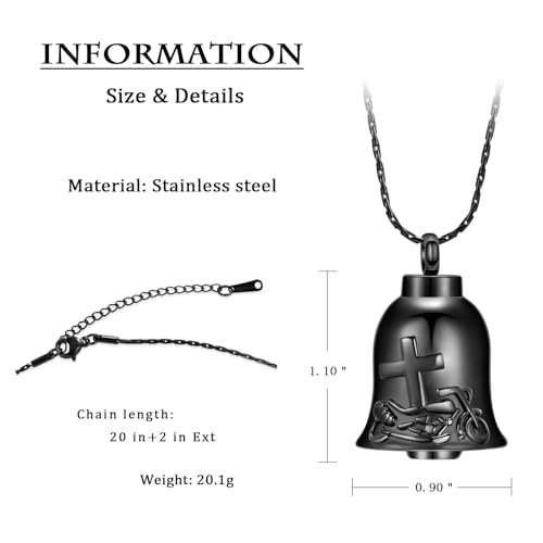 constantlife Bell Urn Necklace for Ashes Cross Motorcycle Memorial Pendant Cremation Jewelry Human Pet Ash Holder Keepsake Gift for Men Women