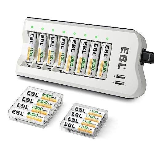 EBL Battery Charger with AA AAA Batteries - 8Bay Battery Charger and 4pcs AA Rechargeable Batteries 2800mAh & 4pcs AAA Battery NiMh Battery