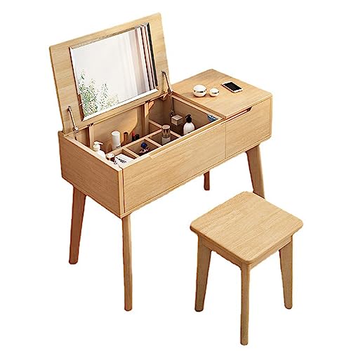 Solid Wood Dressing Table, Mini Minimalist Small House, Flip Top Storage Makeup Table Mirror, Bedroom Furniture with Drawers and Sorting Storage Compartments
