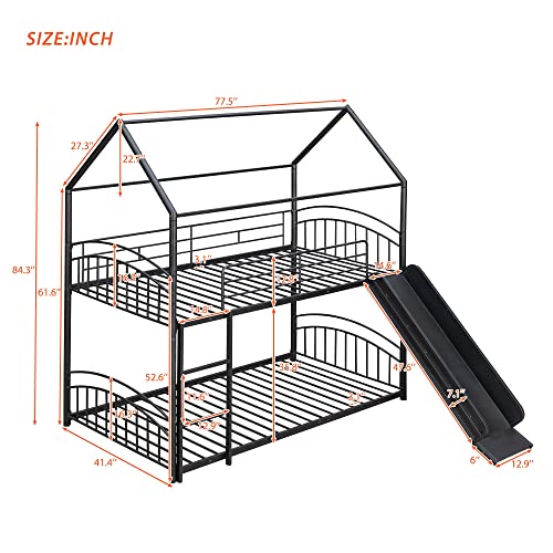 Twin Over Twin House Bunk Bed with Slide, Low Metal Bunk Bed with Full-Length Fence and Ladder, Can be Converted to 2 Twin Beds, Detachable House Bed Floor Bunk Bed for Teens Boys Girls, Black