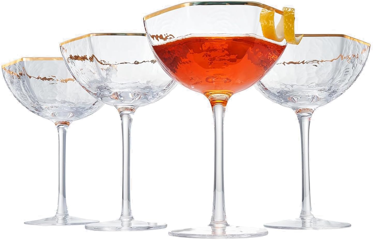 Vintage Crystal Champagne Coupe Gold Rim Octagonal Angled Glasses | Set of 4 | 6 oz, Art Deco Rim Classic Cocktail Glassware - Martini, Cosmopolitan, Sidecar, Daiquiri | 1920s Style Saucer Goblets
