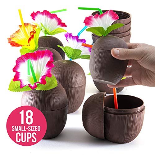 PREXTEX Coconut Cups with Flower Straws & Twist Close Lids (12 Pack, 16oz) for Luau Party Decorations, Pool Parties, Tropical Tiki Parties, Summer, Hawaiian Themed Party Decorations
