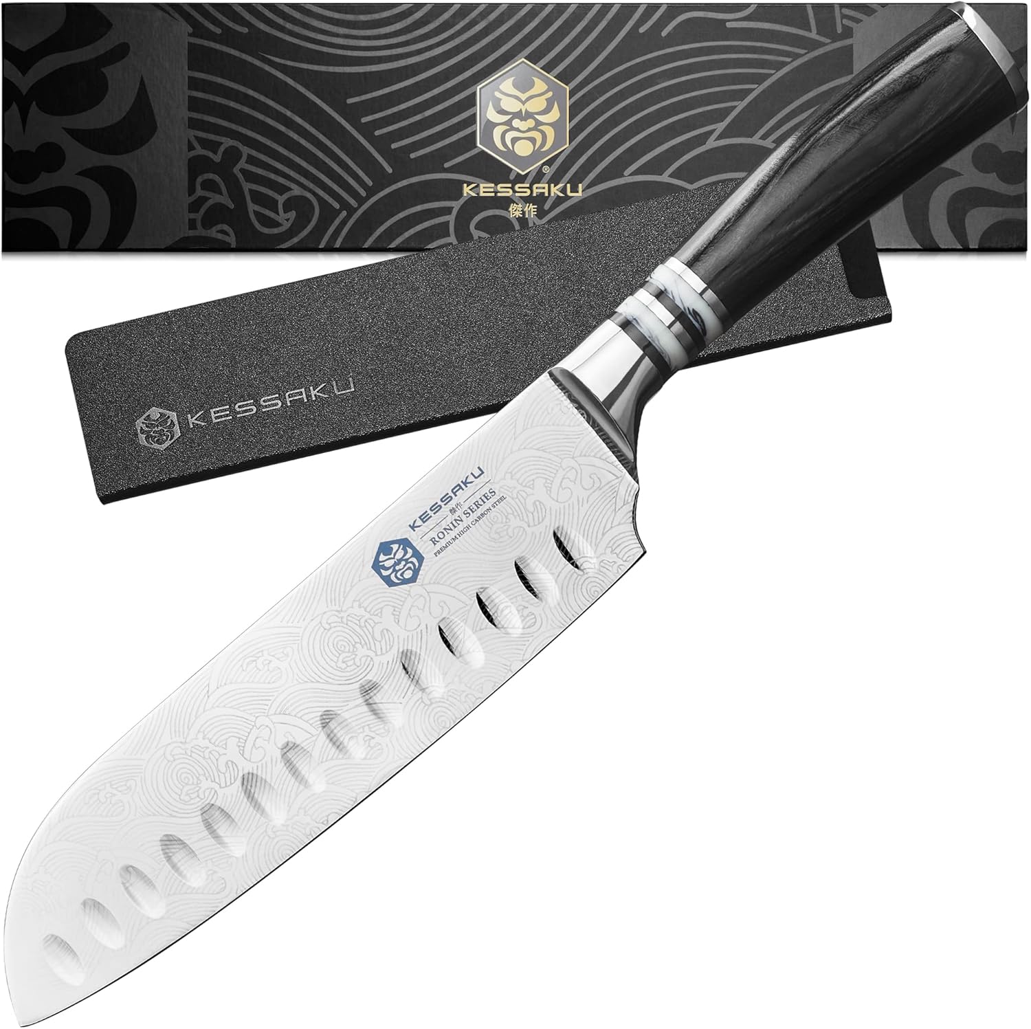 7-Inch Santoku Knife - Ronin Series - Granton Edge - Forged High Carbon 7Cr17MoV Stainless Steel - Pakkawood Handle with Blade Guard