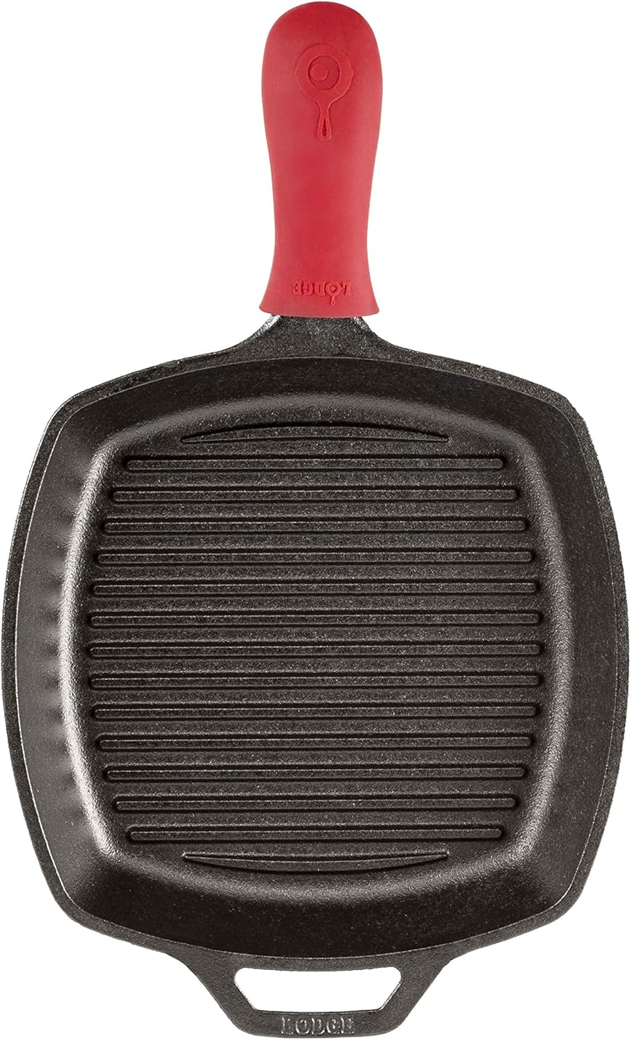 Lodge L8SGP3ASHH41B Cast Iron Square Grill Pan with Red Silicone Hot Handle Holder, Pre-Seasoned, 10.5-inch