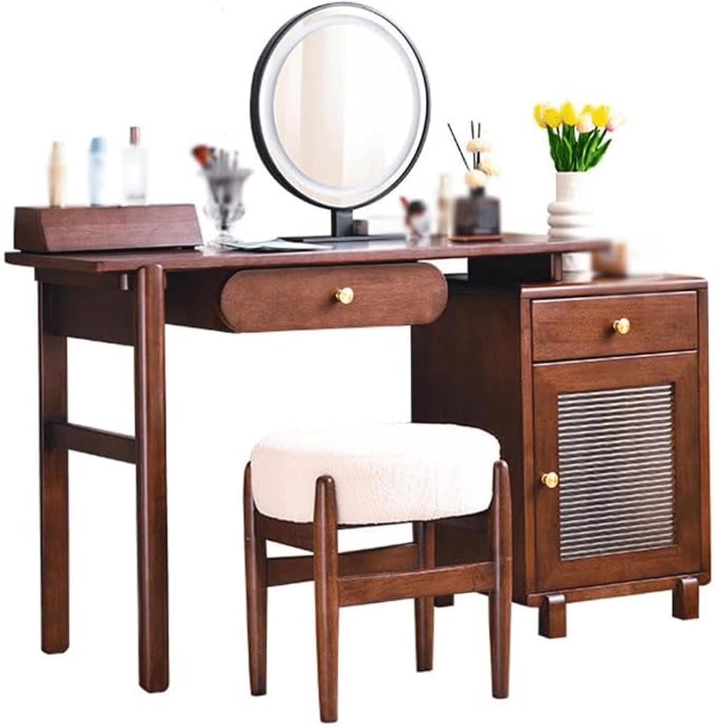 Solid Wood Dressing Table Modern Makeup Vanity Set Storage Cabinet LED Lighted Mirror Vanity Desk Cushioned Stool Makeup Table