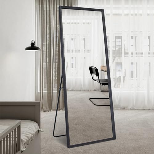BOLEN 65”x22” Full Length Mirror with Wood Frame and Metal Holder, Large Rectangle Dressing Mirror Floor Mirror, HD and Explosion-Proof Silver Mirror, Standing Hanging or Leaning Wall(Black)