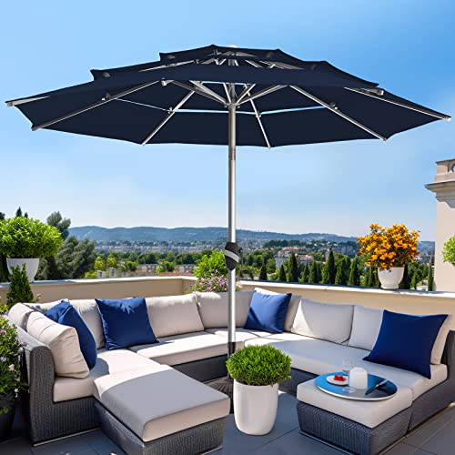 BLUU 9 Ft 3 Tiers Aluminum Outdoor Patio Umbrella, 5-YEAR Fade-Resistant Outdoor Market Table Umbrella with Push Button Tilt, for Pool, Deck, Garden and Lawn (Dark Grey)