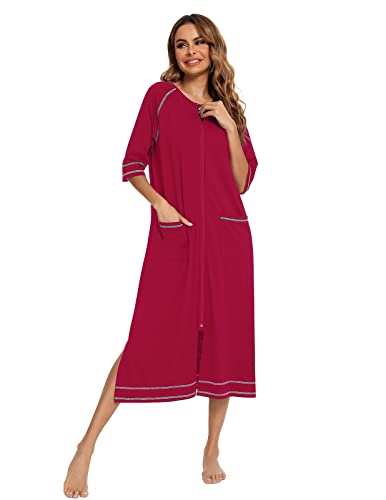 Veseacky Women Robe Zipper Front House Coat 3/4 Sleeve Nightgown Full Length Ladies Lounge Dress with Pockets S-XXL