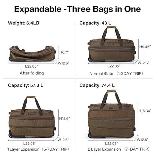 Hanke 22 Inch Expandable checked Luggage Suitcases with Wheels Foldable Duffle Bag for Travel suitcase Weekend Bag for Women Men Garment Bag.（Coffee）