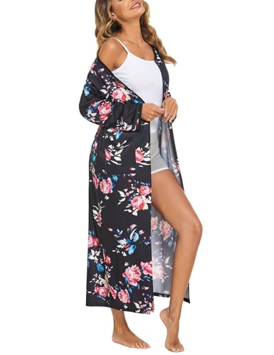 Ekouaer Women Long House Coat Zipper Front Robes Full Length Nightgowns with Pockets Striped Loungewear S-4XL