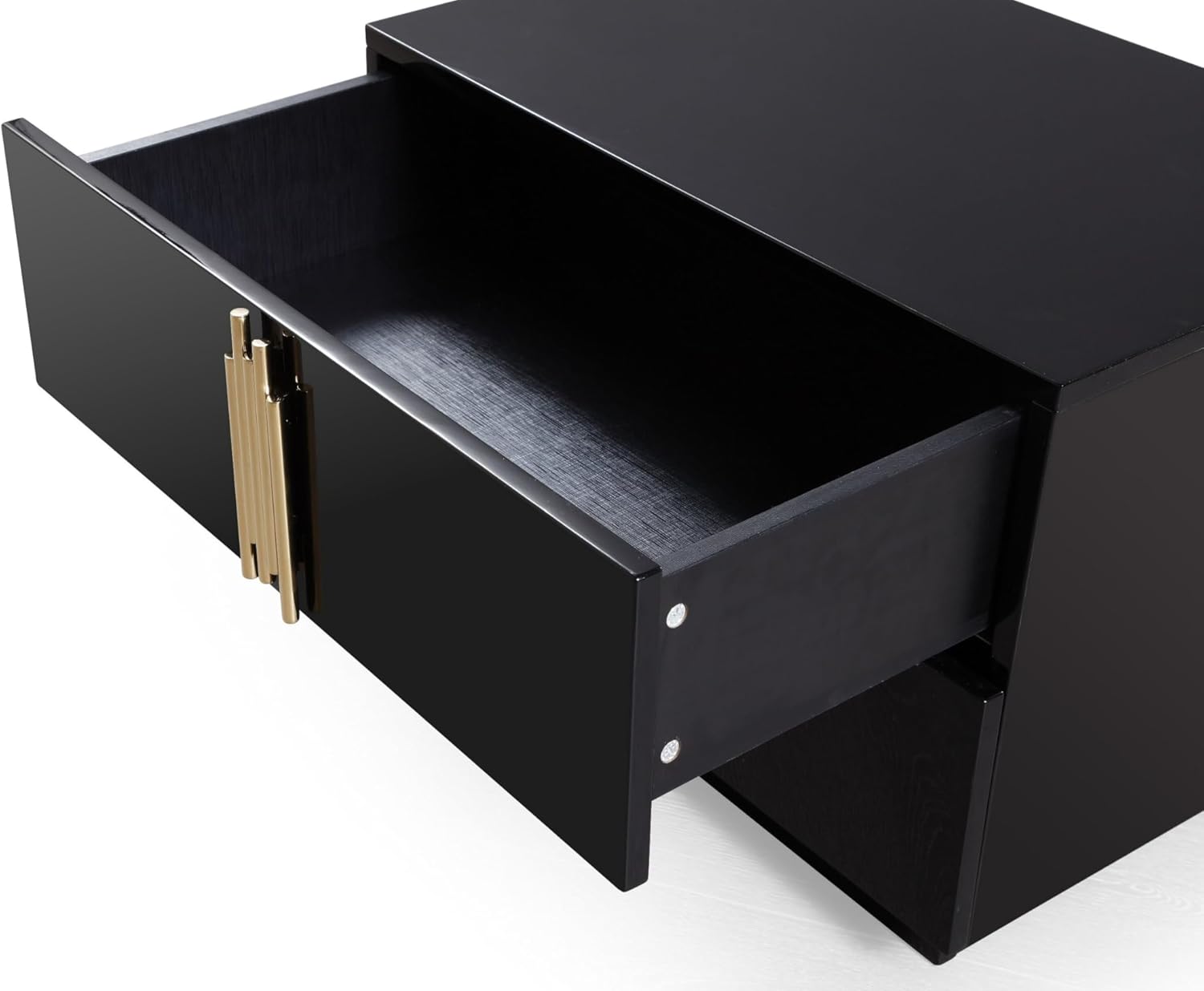 Abramo Collection Modern Bedroom High Gloss 2-Drawer Nightstand, Black, Champagne Gold