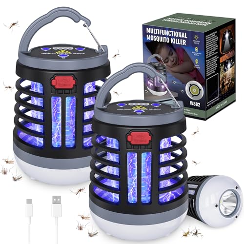 2 Pack Solar Bug Zapper Outdoor 3 in 1 Mosquito Zapper Killer USB Rechargeable Camping Light, Waterproof Portable Gnats Flying Trap for Outdoor & Indoor Led Lantern for Home, Camping, Backyard, Patio
