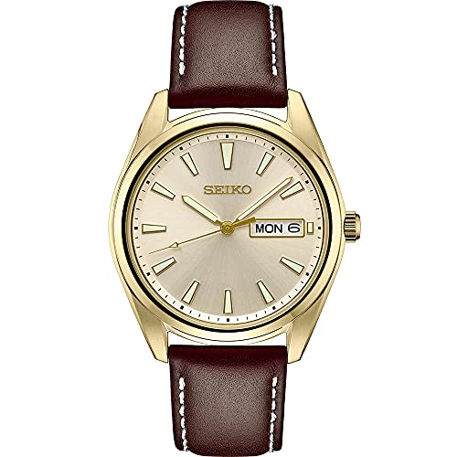 SEIKO Watch for Men - Essentials - with Day/Date Calendar, LumiBrite Hands and Markers, Leather Bracelet, 100m Water-Resistant
