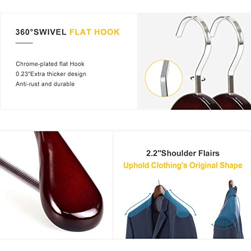 TOPIA HANGER Set of 6 Luxury Mahogany Wooden Coat Hangers, Premium Wood Suit hangers, Glossy Finish with Extra-Wide Shoulder, Thicker Chrome Hooks & Anti-slip Bar CT02M