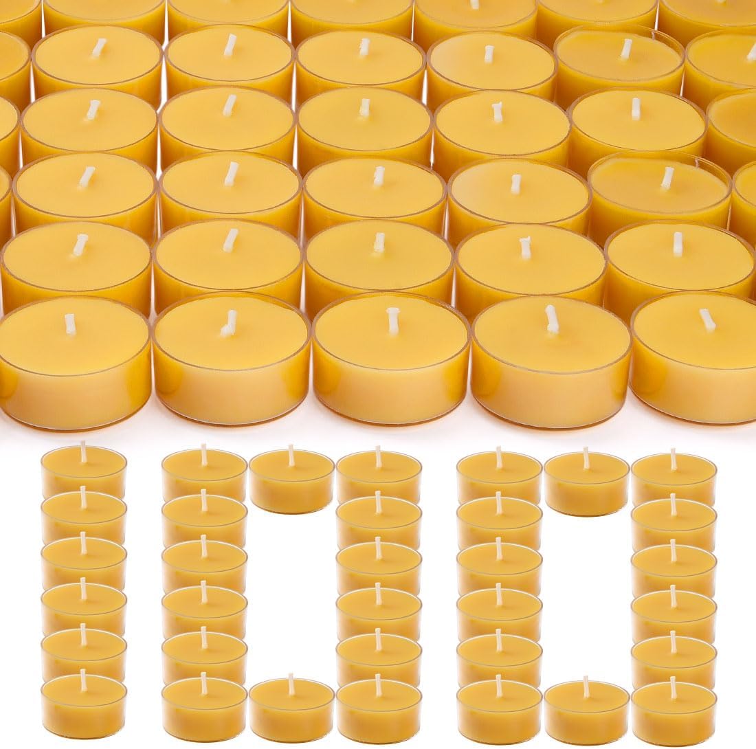 100 Pack Pure Beeswax Tealight Candles | Natural Unscented Beeswax Candles in Bulk, Clean burning, Yellow