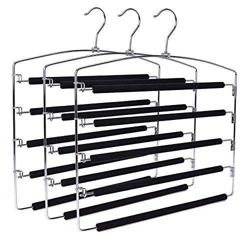 3 Quality Multi Pants Hangers, Real Heavy Duty, Space-Saving Multi-Bar Metal Hangers, Stable with Non-Slip Foam Padding, Swivel Hook for 5 Jeans Each, Suit Pants, Scarves, Towels, Trousers (Pants, 3)
