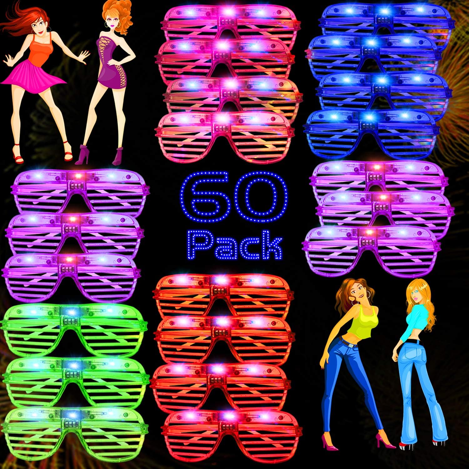 AY 60 Pack Glow in The Dark LED Glasses, Light Up Neon Party Favors for Kids & Adults, Christmas Wedding Party Supplies, 5 Colors Individually Packaged