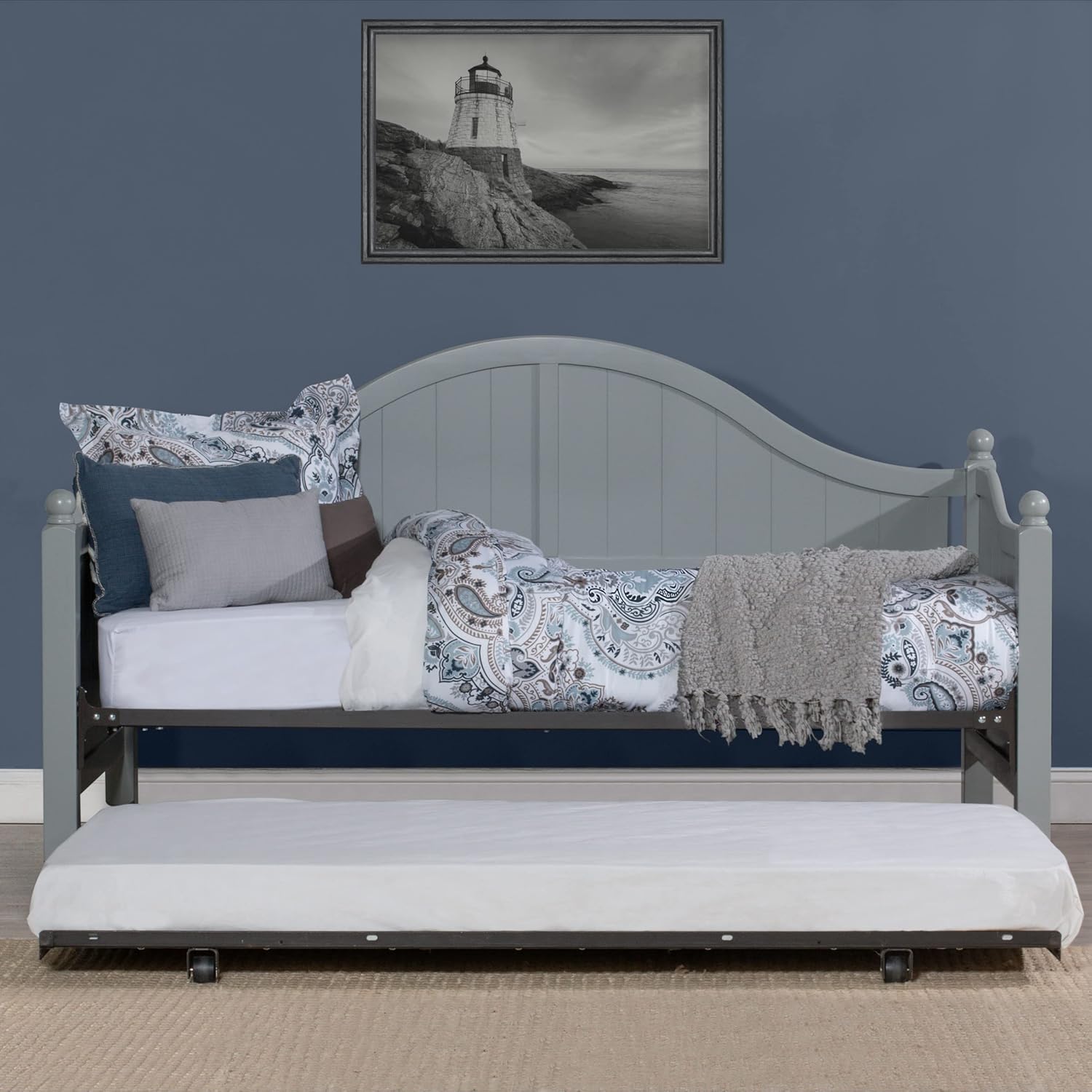 Hillsdale, 2545DBLHTR, Augusta Wood Daybed with Suspension Deck and Metal Roll Out Trundle, Gray, Twin