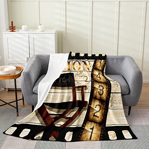 Vintage Cinema Movie Theater Flannel Fleece Blanket Cinema Poster Plush Throw Blanket, for Boys Girls Rustic Wooden Old Fashion Home Decor Chair All Season,Bed Blanket Room Decor Throw 50