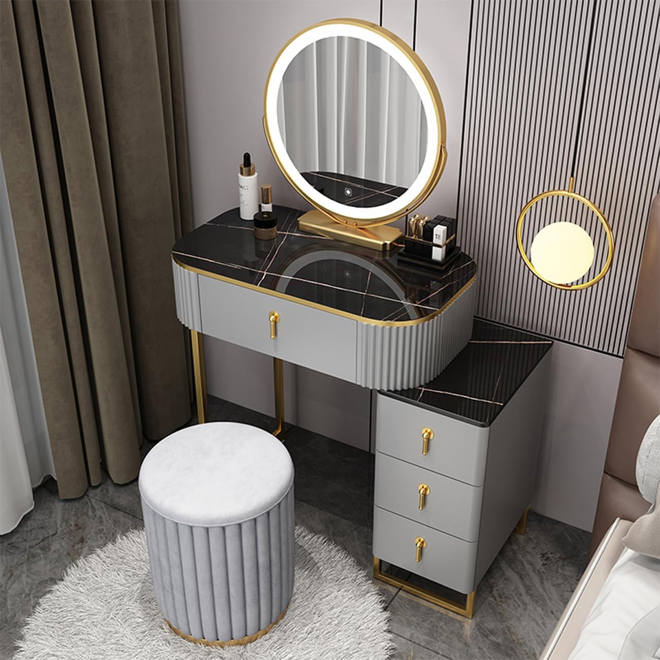 Small Vanity Desk Set with LED Smart Makeup Mirror, 3 Lighting Modes Adjustable Brightness, New Makeup Experience Dressing Table with Chair, Bedroom Vanity Table for Her