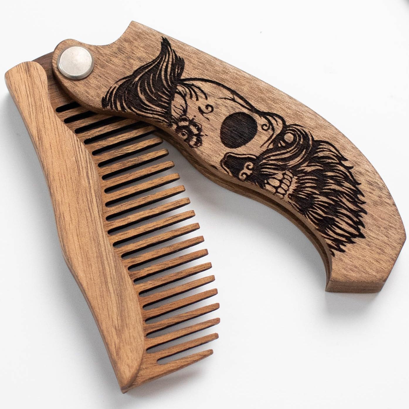 Beard Comb for Men Pocket Folding Combs for Mustache & Hair Travel Natural Wooden Comb with Real Man Engraving - Perfect for Use w/Beard Balm Oil (Wavy Half Skull) Light Brown