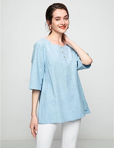 Minibee Women's 3/4 Sleeve Cotton Linen Jacquard Blouses Top T-Shirt