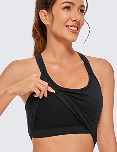 CRZ YOGA Womens Seamless Ribbed Racerback Tank Tops with Built in Bra - Padded Scoop Neck Slimming Athletic Long Camisole
