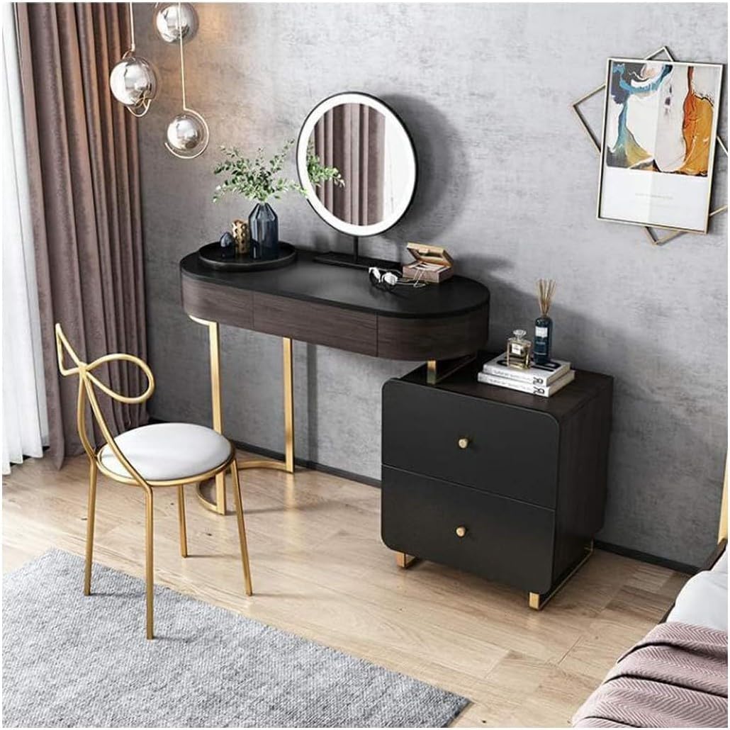 Vanity Table Dressing Table Bedroom Dresser Vanity Table Set Stool Make-up Table,Wooden Makeup Dressing Table with Drawers, Elegant Shape Design Crystal Knobs