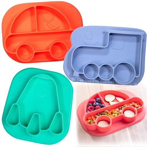 Silicone Compartment Plates- 3 PK Animal Set (Lion Monkey Elephant)-Divided Sections for Easy Grabbing Baby Food Training, Non-Slip Unbreakable Material, Flexible Shapes for Toddlers, Kids- Gift Mom