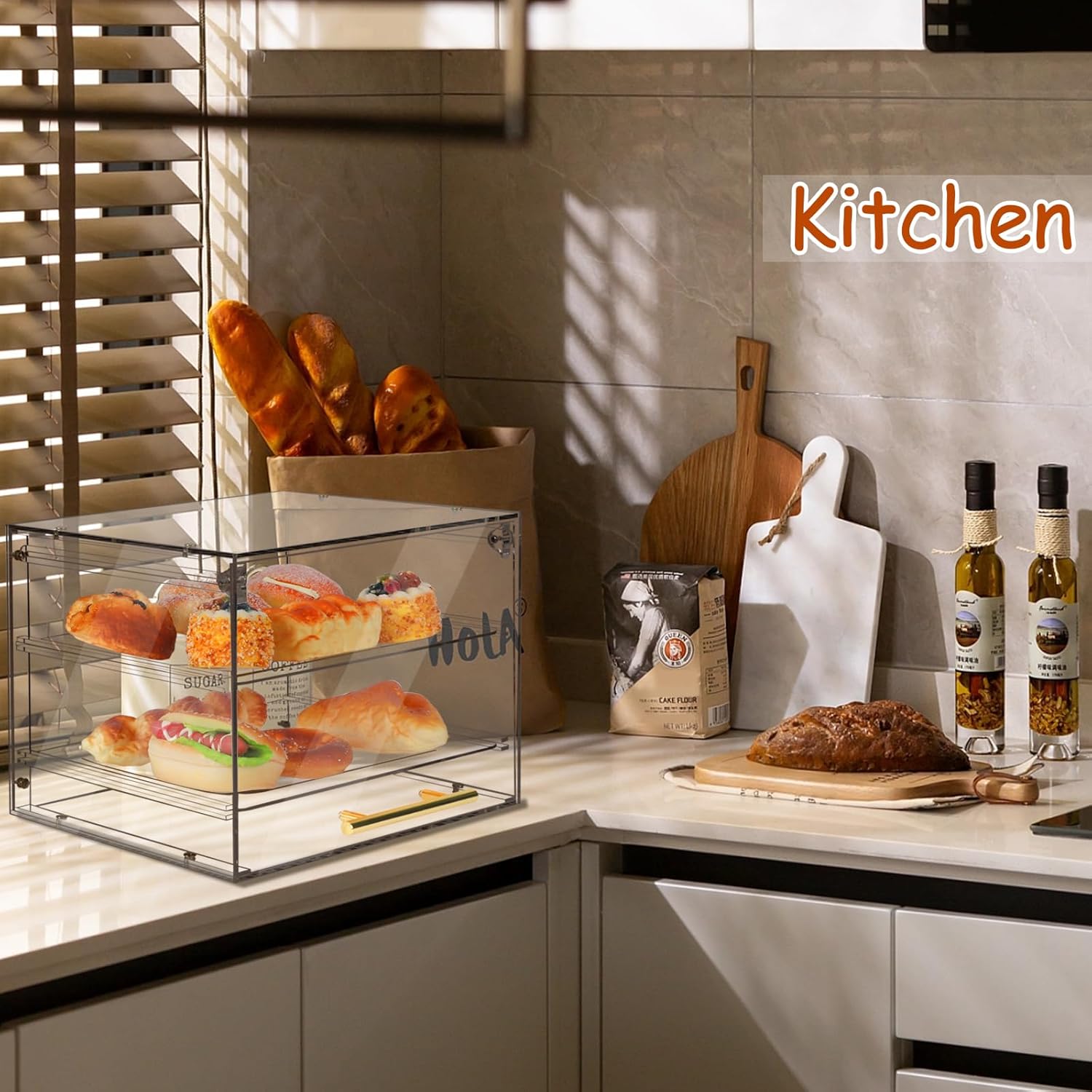 Pastry Display Case, 2-Tier Acrylic Bread Box with Front Door, for Cake Bakery Kitchen Stuff Countertop, Donut Sourdough Bread Baking Supplies and Accessories