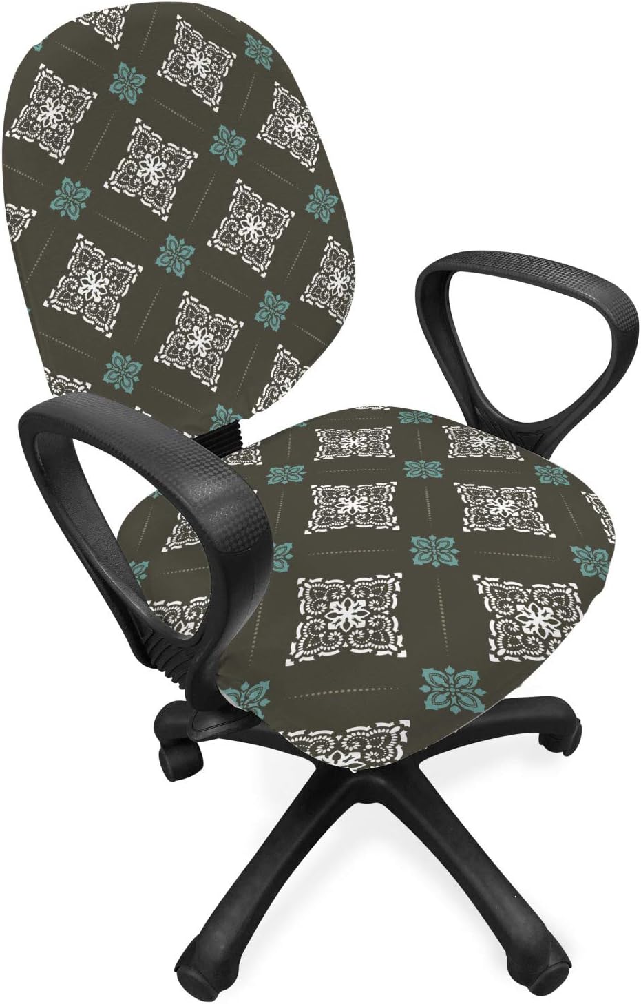 Ambesonne Damask Office Chair Slipcover, Old Fashion Victorian Rococo Motif of Oriental Boho Floral Effects, Protective Stretch Decorative Fabric Cover, Standard Size, Army Green and White