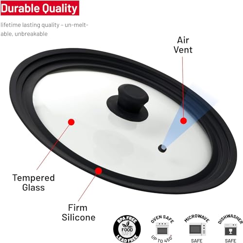 Bezrat Universal Round Lid for Pans, Pots and Skillets Vented Tempered Glass with Graduated Rim Fits 10, 11, 12 inch Cookware – Heat Resistant Handle – Food Safe - Microwave Safe – Dishwasher Safe