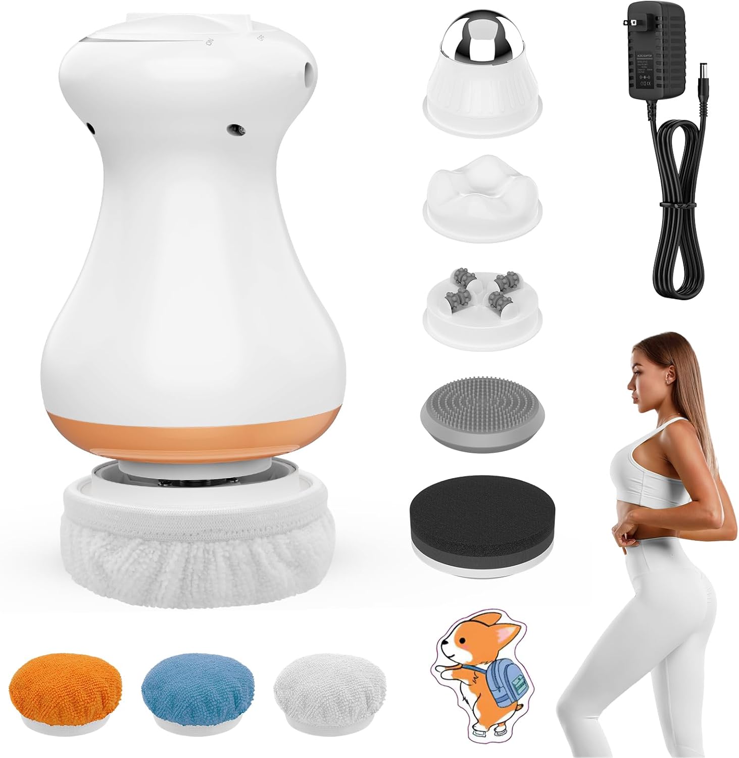 Cellulite Massager V5.2 with 5 Massage Heads and 3 Skin Friendly Washable Pads, Hand-held Beauty Sculpt Massager for Belly—Old Ivory