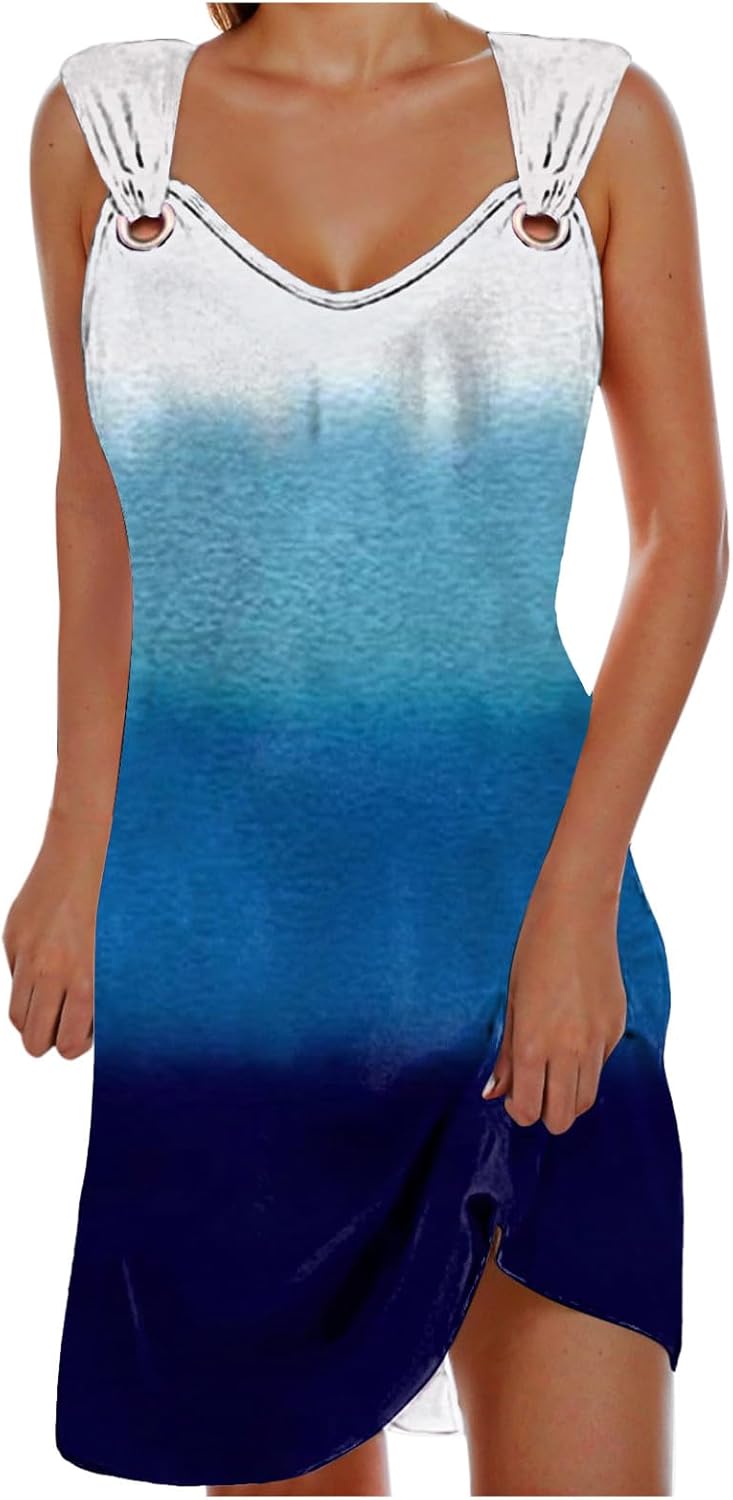 XJYIOEWT Womens Summer Dresses with Sleeves,Women Strap Printed Dress Summer Shoulder Strap Buckle Beach Dress