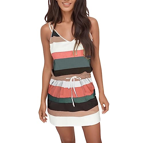 Spring Dresses for Women, Summer Casual Striped Mini Dress Sleeveless Strappy Drawstring T Shirt Dress with Pockets