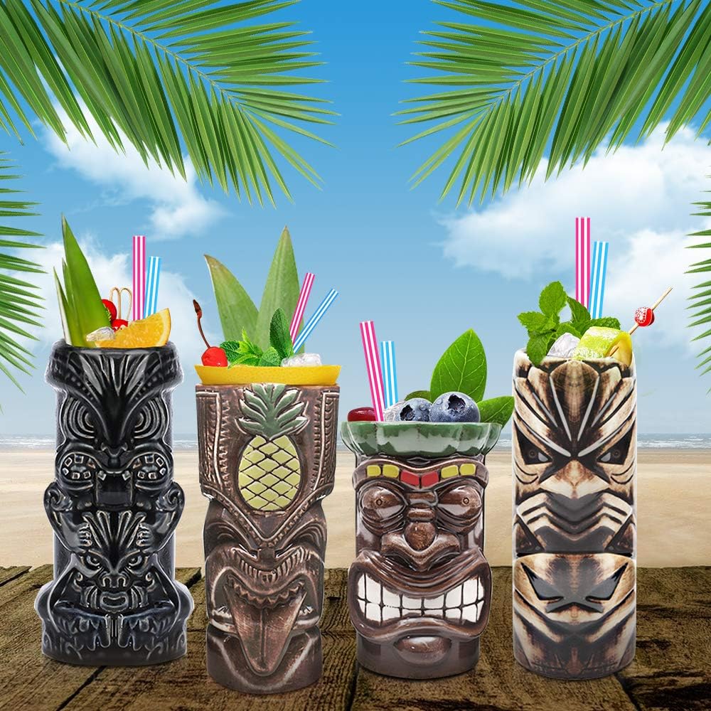 Tiki Mugs Cocktail Set of 4 - Large Tumblers Ceramic Hawaiian Luau Party Mugs Drinkware, Cute Exotic Cocktail Glasses, Tiki Bar Professional Hawaiian Party Barware, TKSET0005…