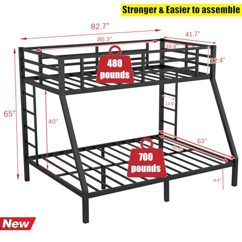 Stronger & Safer Metal Bunk Bed Full XL Over Queen Size Bunkbed, More Stable Heavy Duty Thickened Steel Bunk Queen Bed with Reinforced Legs & Ladders (Easier to Assemble) (Full XL over Queen)