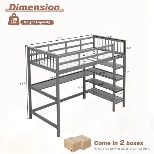 SLEERWAY Twin Size Loft Bed with Under Bed Desk and 4 Layer Storage Shelves, Wood Loft Bed Frame with Full Length Guardrail, Twin Bed Frame for Kids, Teens and Adults, No Box Spring Needed, White