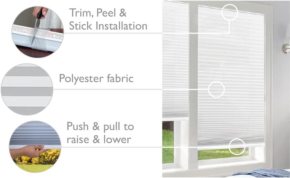 Redi Shade No Tools Easy Lift Trim-at-Home Cordless Pleated Light Filtering Fabric Shade White, 48 in x 64 in, (Fits windows 31 in - 48 in)