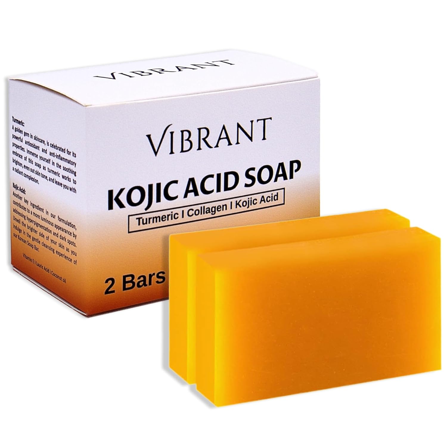 VIBRANT Kojic Acid Soap Bars with Vitamin E, Turmeric, Collagen, Coconut Oil - Korean Brightening Soap & Anti-Aging Soap, Moisturizing & Skin Lightening (2 x 100g), Orange