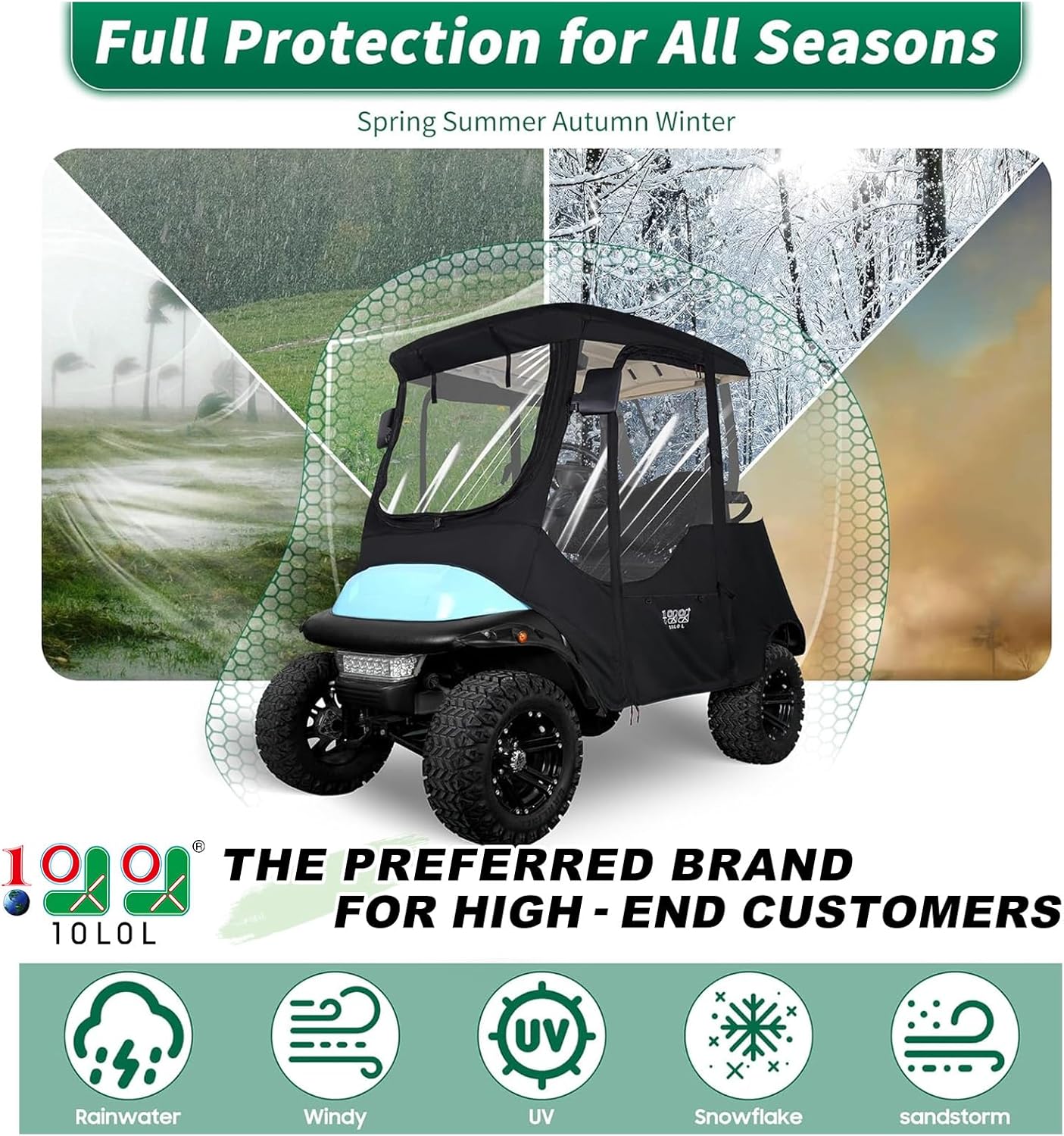 10L0L 2 Passenger Golf Cart Enclosure for Club Car Precedent, All Weather Windproof Waterproof Rain Cover, 4-Sided Clear Window/Roll-up Zipper Door/Front Rear Mesh Window Panel Design - Black
