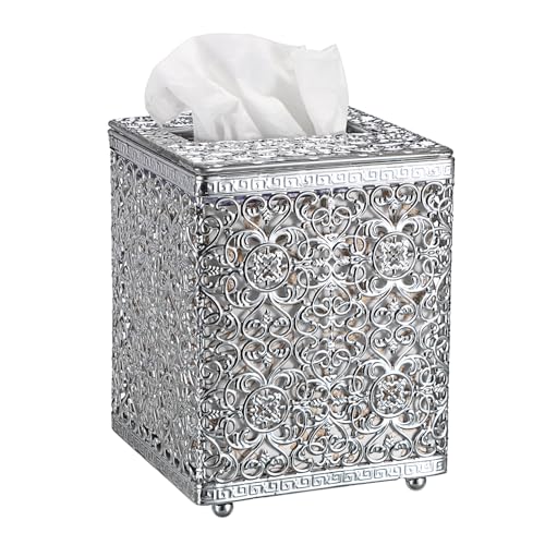 Sumnacon Tissue Box Cover Square Tissue Box with Lid, Metal Tissue Box Holder Stylish Tissue Cover Cube Tissue Box Cover for Bathroom Toilet Kitchen Table Desk Home Office, Silver