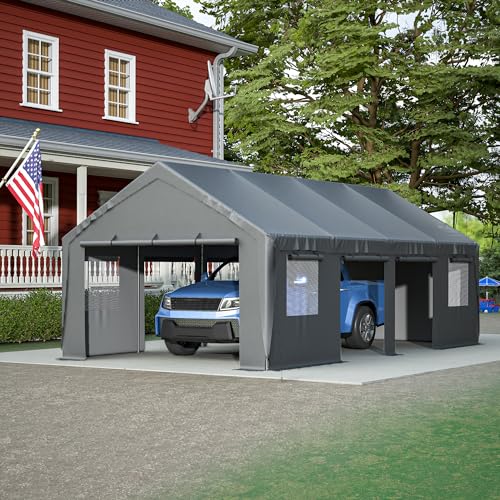 Carport 20x12ft,2in1 Kit Car Canopy Portable Garage,Heavy-Duty Waterproof & UV Protected,Car-Port with Roll-up Ventilated Windows & Removable Sidewalls for SUV,Truck,Boat,Tractor,Sand