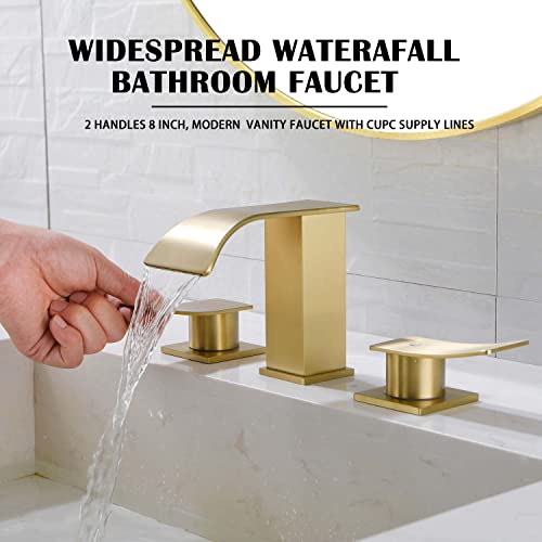 Waterfall Bathroom Faucets for Sink 3 Hole, Brushed Nickel Bathroom Faucet with Pop-up Drain Assembly, 8 Inch Widespread Bathroom Sink Faucet 2-Handles,Modern Lavatory Vanity Faucet with Supply Lines