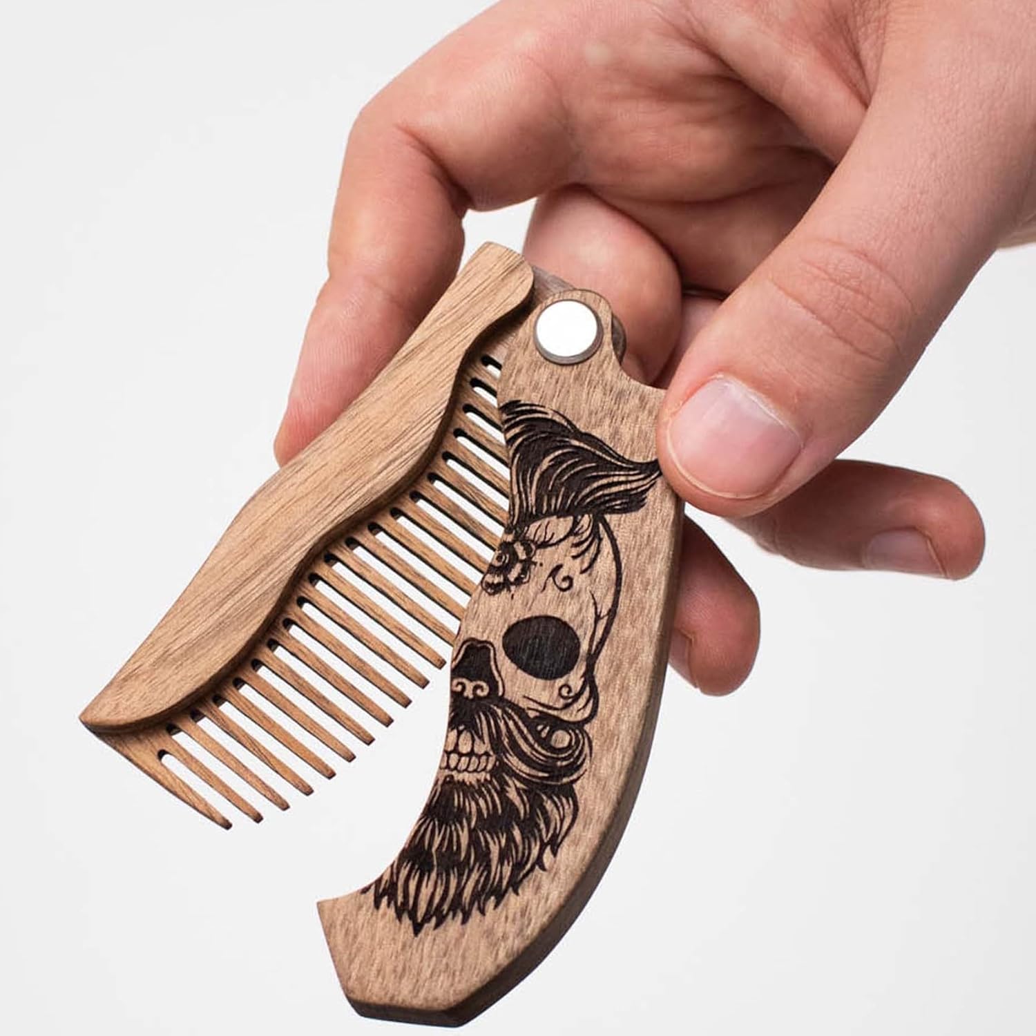 Beard Comb for Men Pocket Folding Combs for Mustache & Hair Travel Natural Wooden Comb with Real Man Engraving - Perfect for Use w/Beard Balm Oil (Wavy Half Skull) Light Brown