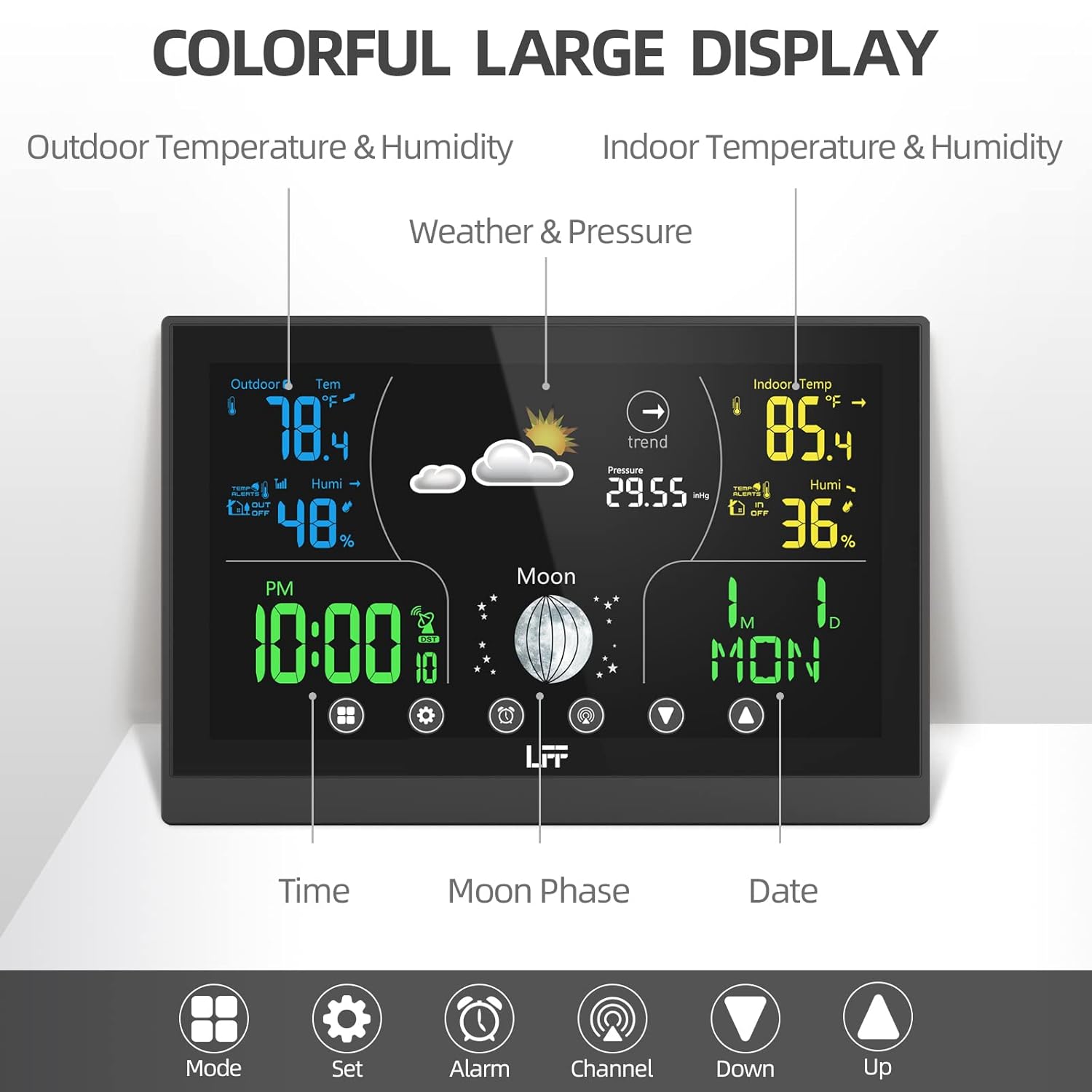Weather Station with 2 Sensors, Weather Stations Wireless Indoor Outdoor Thermometer Wireless Color Display Digital Weather Station, Weather Thermometer Forecast Station with Atomic Clock